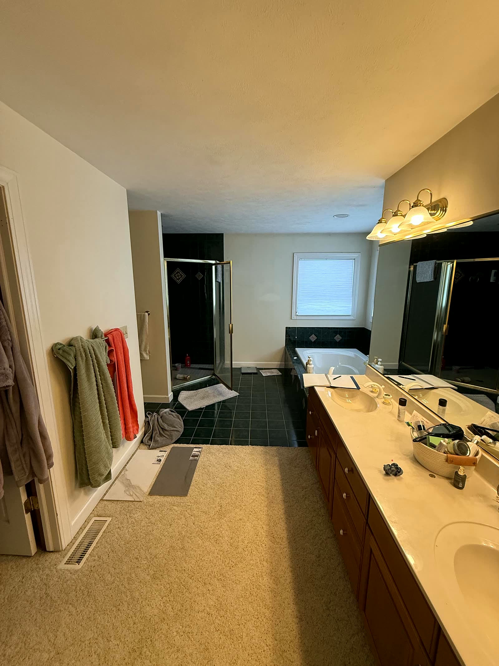 Master bathroom before remodel — dated tile and carpet