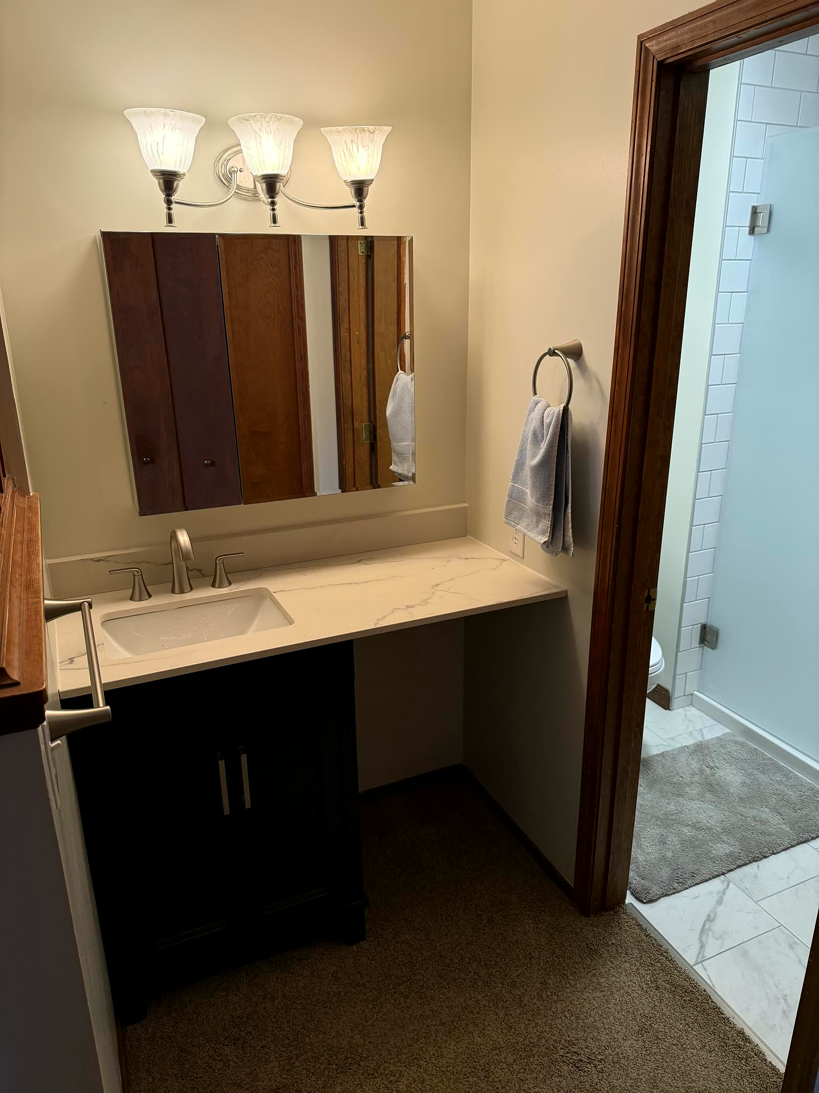 Bathroom after remodel — modern vanity and tiled shower
