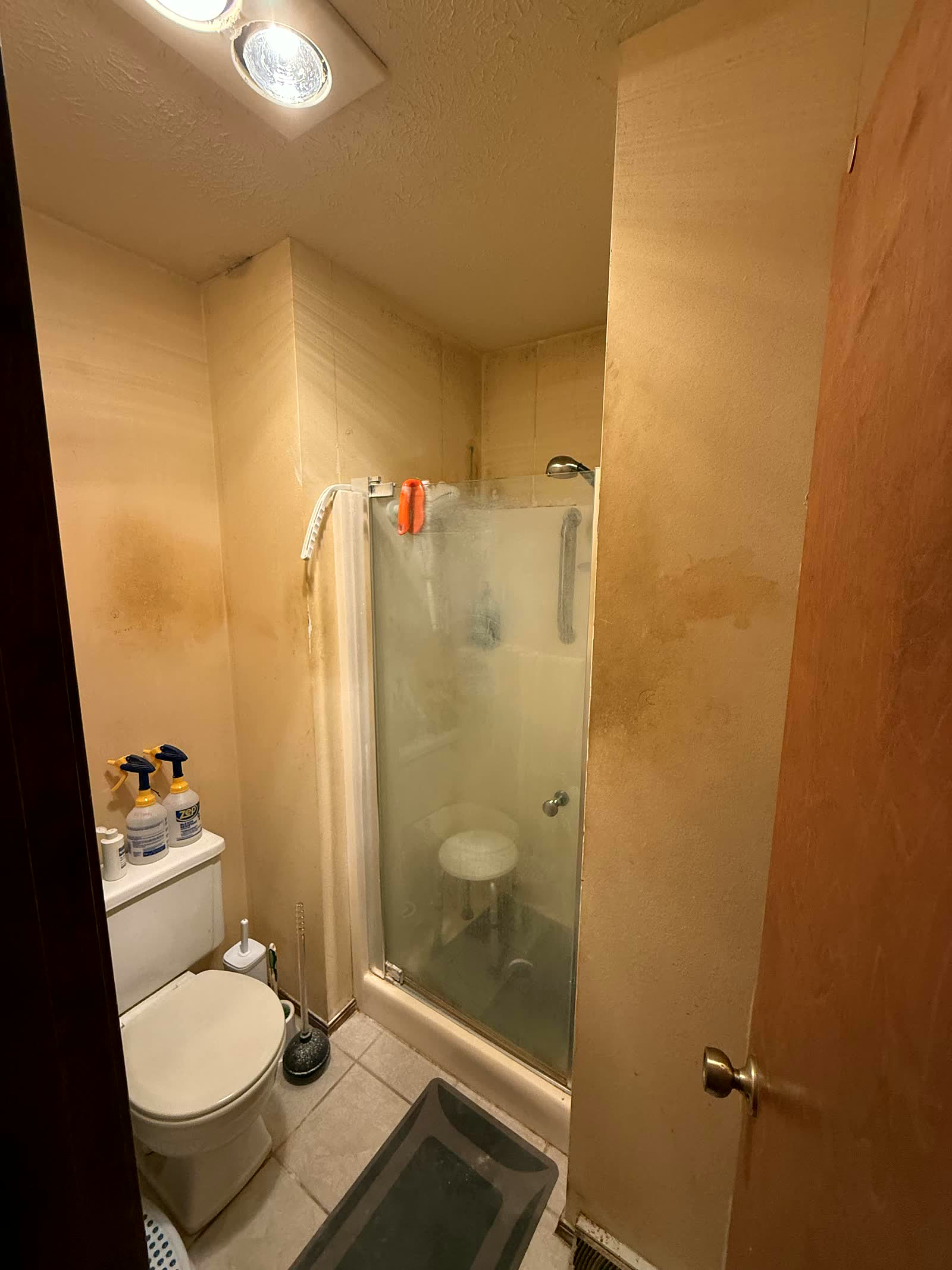 Bathroom before remodel — old corner shower