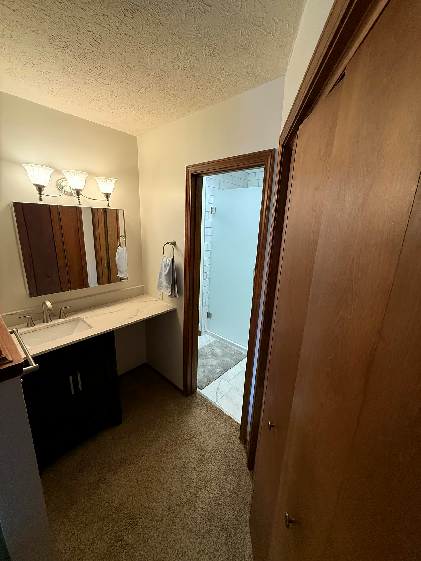 Tiled walk-in shower with frameless glass
