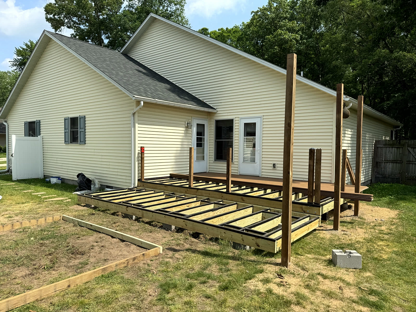 Deck framing — level joists and posts set on footings